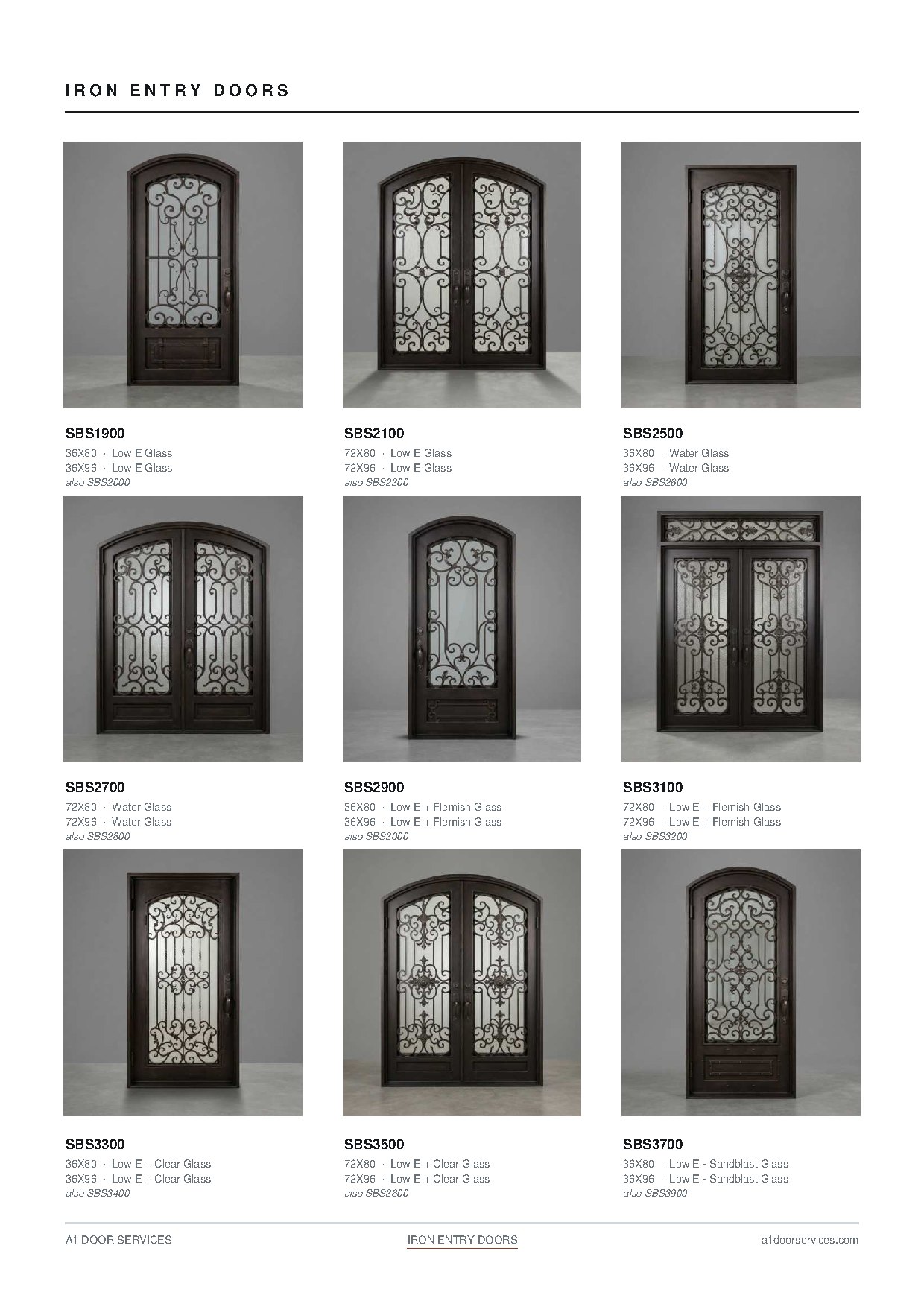 Catalog spread: iron entry doors, SBS models
