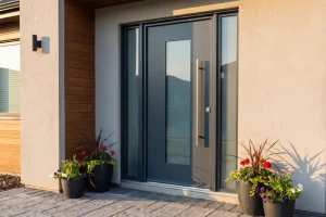 Modern dark gray front entry door with frosted glass panels, framed by wood siding and potted flowers.