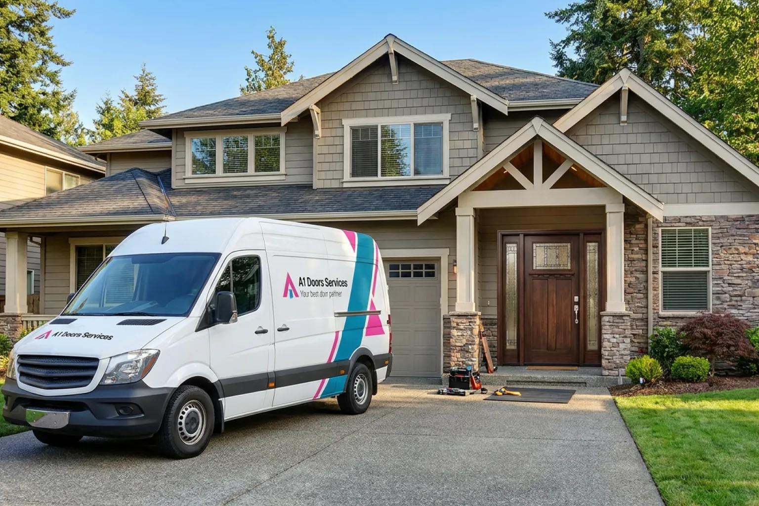 A1 Door Services van parked in the driveway of a two-story craftsman home with a wood front door.