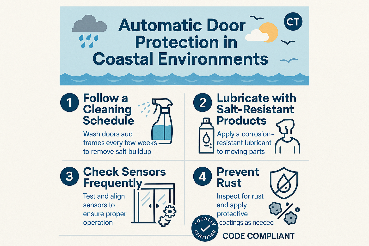A flowchart illustrating the steps to a successful coastal automatic door installation, from material selection and code compliance to professional installation and final inspection.