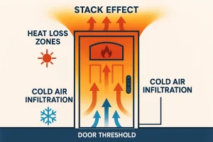 This diagram visualizes how air pressure differences cause heat to escape through the upper part of entry doors while cold air infiltrates from the bottom, illustrating critical areas for insulation and draft mitigation.