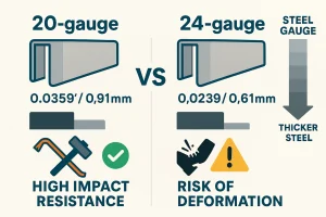 20-gauge steel doors are significantly thicker and more impact-resistant than 24-gauge doors, offering nearly 49% more steel mass and superior protection against dents and break-ins.