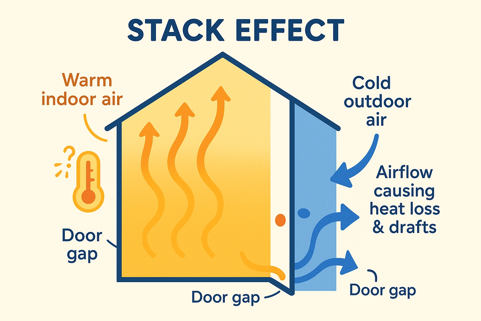 The 'Stack Effect' diagram reveals how a small door gap creates a microclimate allowing cold air inside, leading to heat loss and false thermostat triggers that waste energy.
