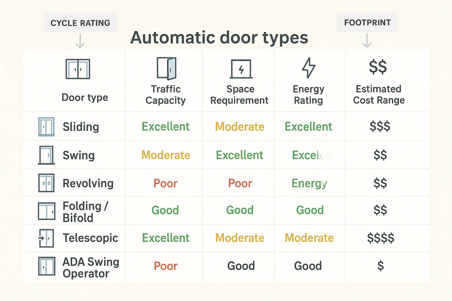 An at-a-glance comparison matrix of the six main automatic door types highlighting their traffic handling, spatial needs, energy efficiency, and typical costs to guide decision-making in commercial and residential contexts.