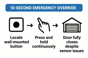 Step-by-step flowchart for the Emergency Override procedure to manually bypass safety sensors and close the garage door quickly in urgent situations.