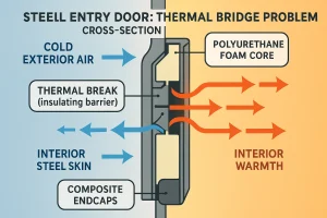 Thermal breaks in steel doors interrupt heat transfer between exterior and interior steel skins, vastly improving energy efficiency and preventing interior condensation or frost.