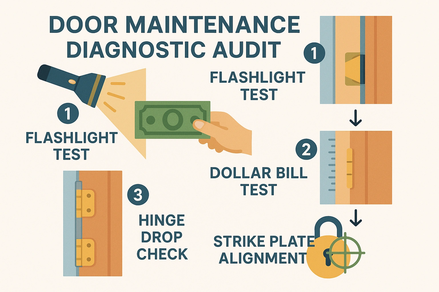 A four-step door inspection workflow ensures your door seals tightly and locks securely, protecting your home from energy loss and security risks.