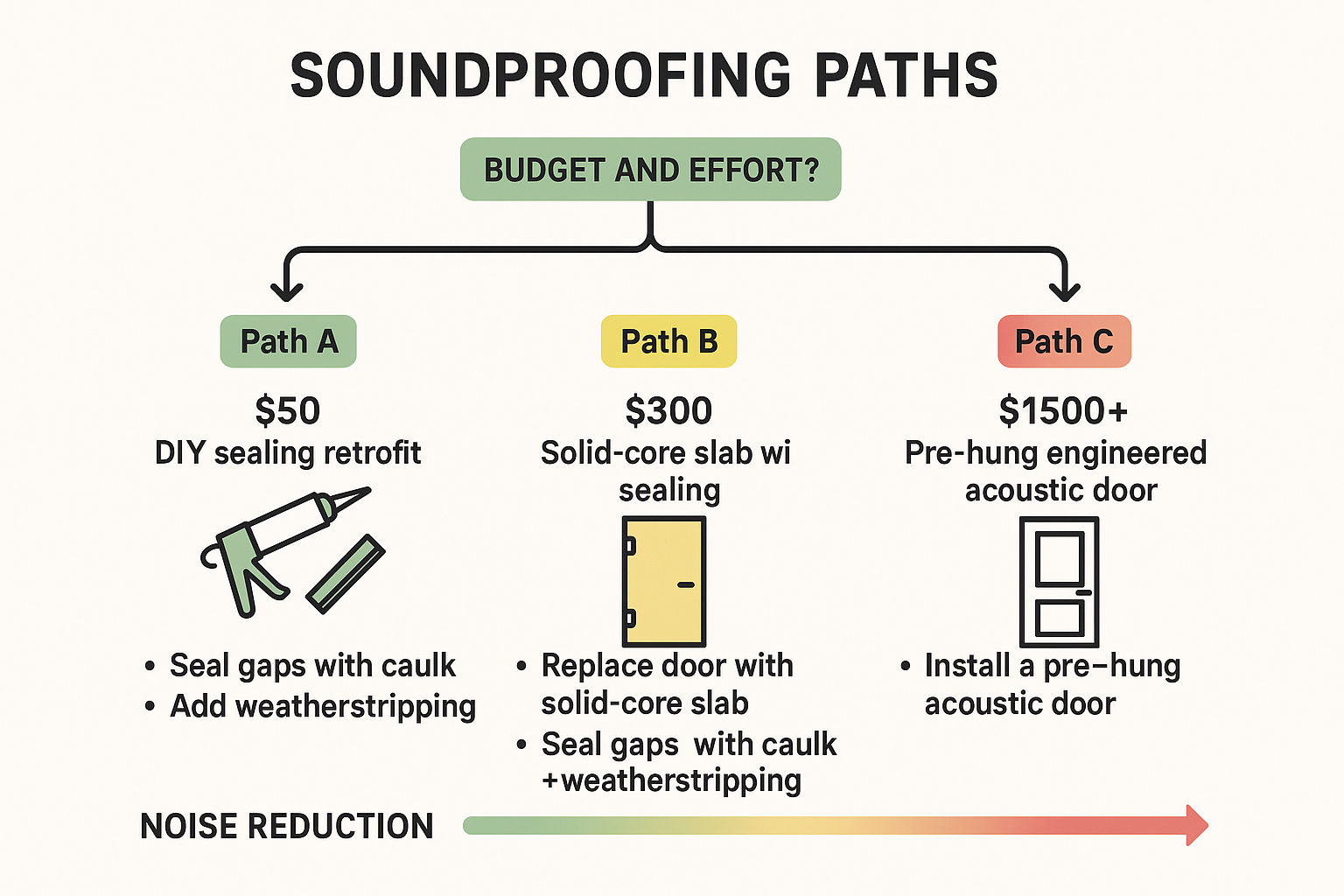 This diagram clarifies how airtight soundproof doors affect room ventilation and presents two effective HVAC-compatible solutions ensuring fresh airflow without compromising acoustic isolation.