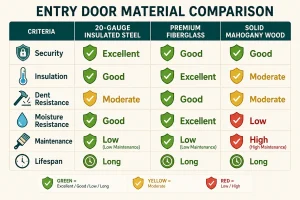 This comparative infographic highlights the strengths and weaknesses of steel, fiberglass, and wood entry doors, helping buyers remember key differences for informed decisions.