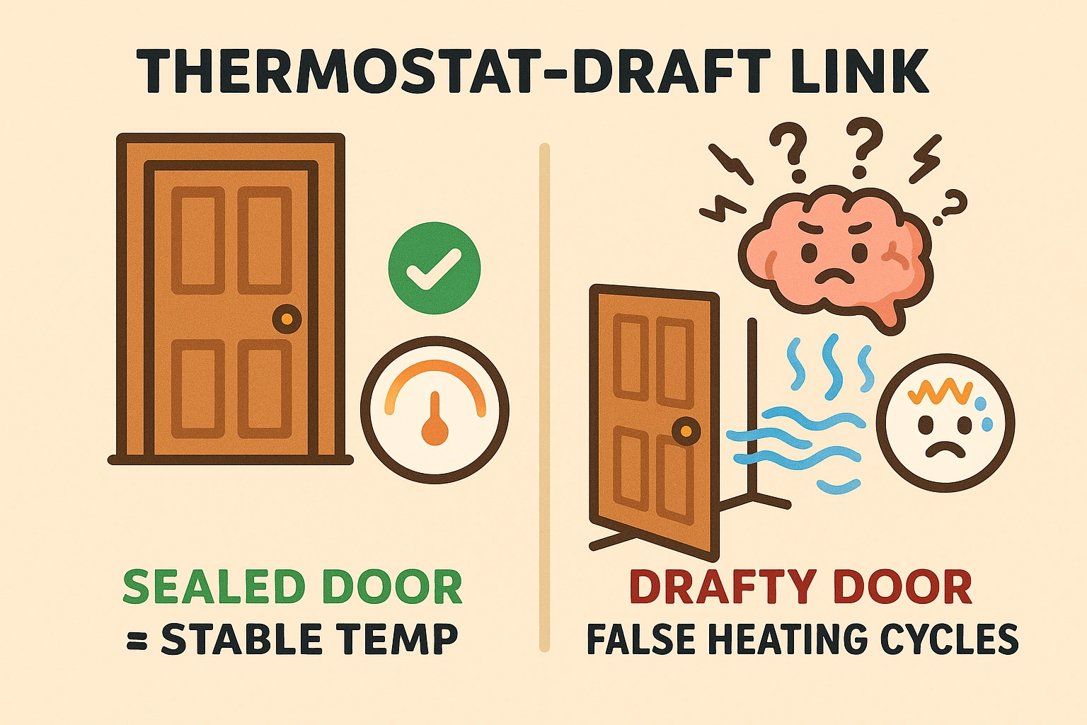 The Thermostat-Draft Link infographic visually anchors how door gaps induce false thermostat triggers, leading to unnecessary heating and higher energy costs.