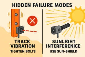Visual mnemonic highlighting sensor failures from track vibration and sunlight, reinforcing user recall of causes and simple fixes.
