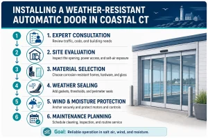 An illustrated checklist for coastal automatic door maintenance, including tasks like cleaning tracks, checking seals, testing sensors, and lubricating hardware.