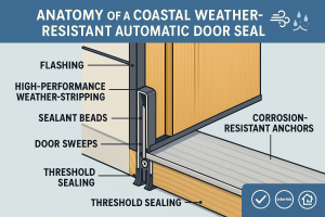 A detailed diagram showing the layers of a perfectly sealed automatic door, highlighting the flashing, weatherstripping, sealant, and threshold.