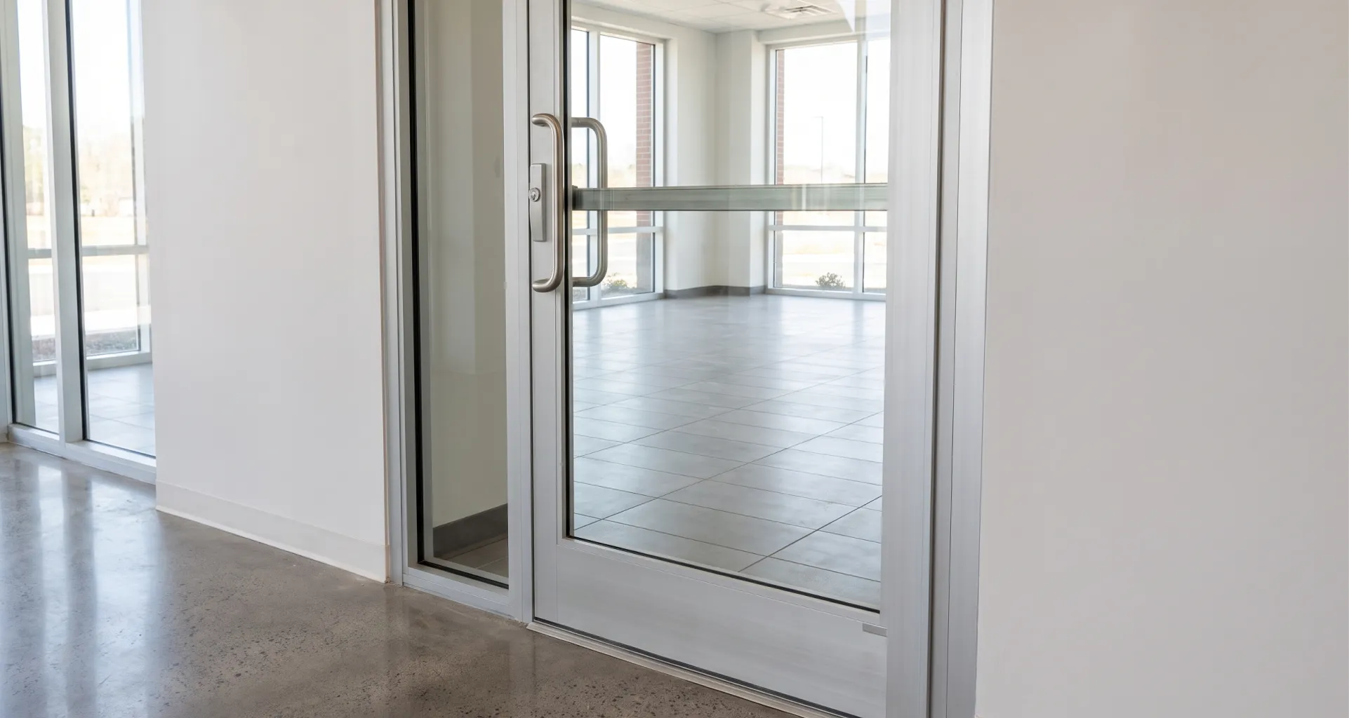 An open aluminum-framed commercial glass door equipped with a push bar and pull handle