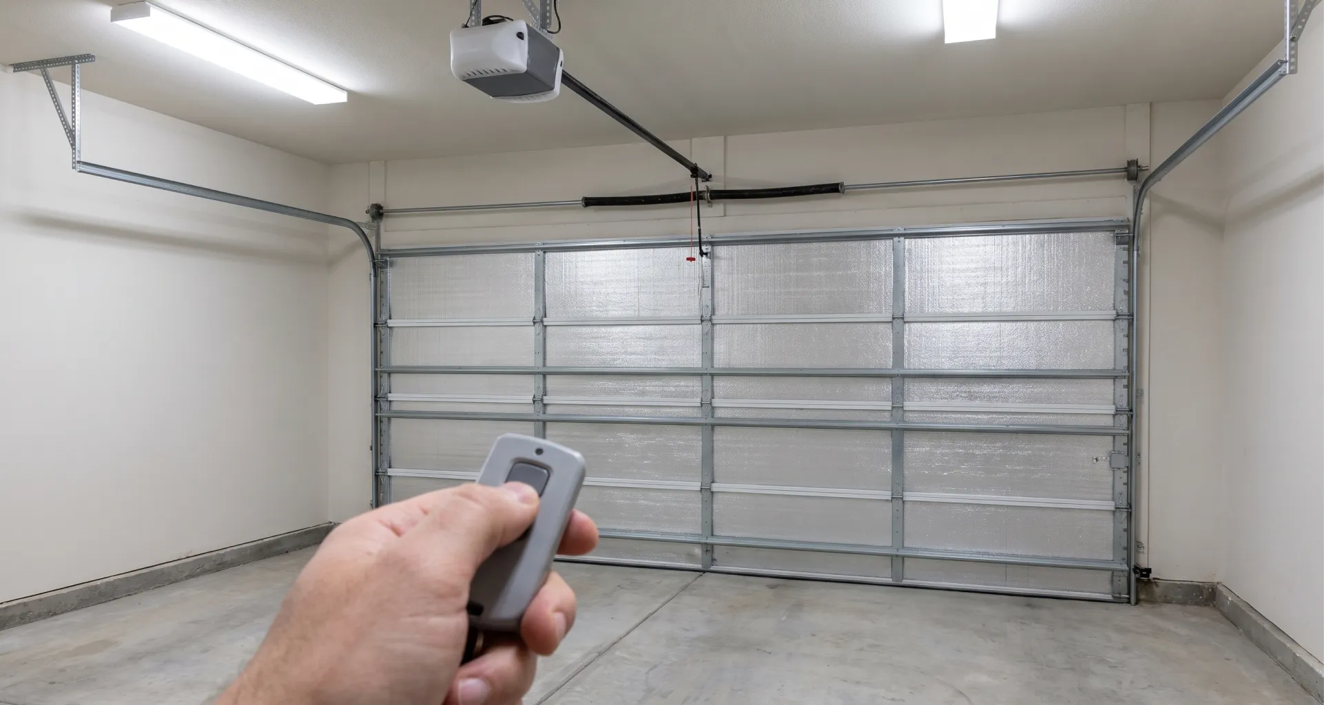 An interior view of a closed, insulated white garage door with a person's hand