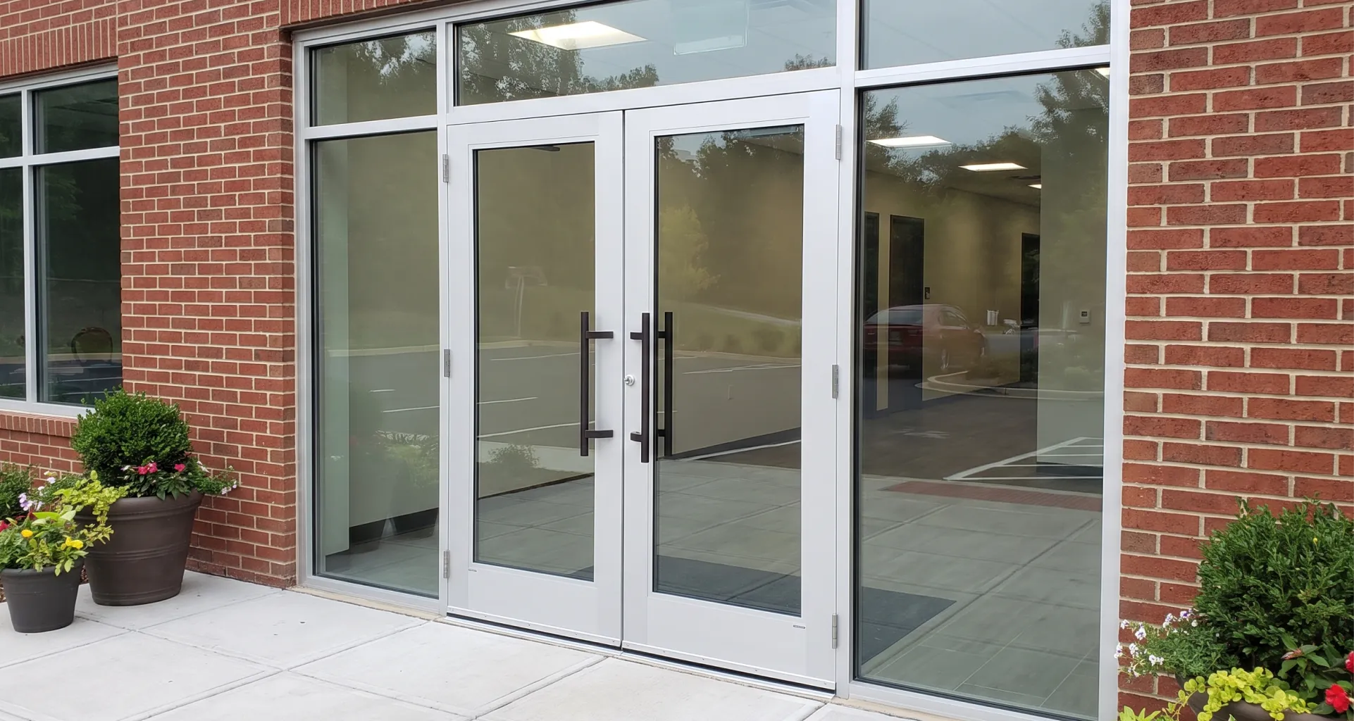 A pair of commercial storefront glass doors with white frames and dark vertical pull handles
