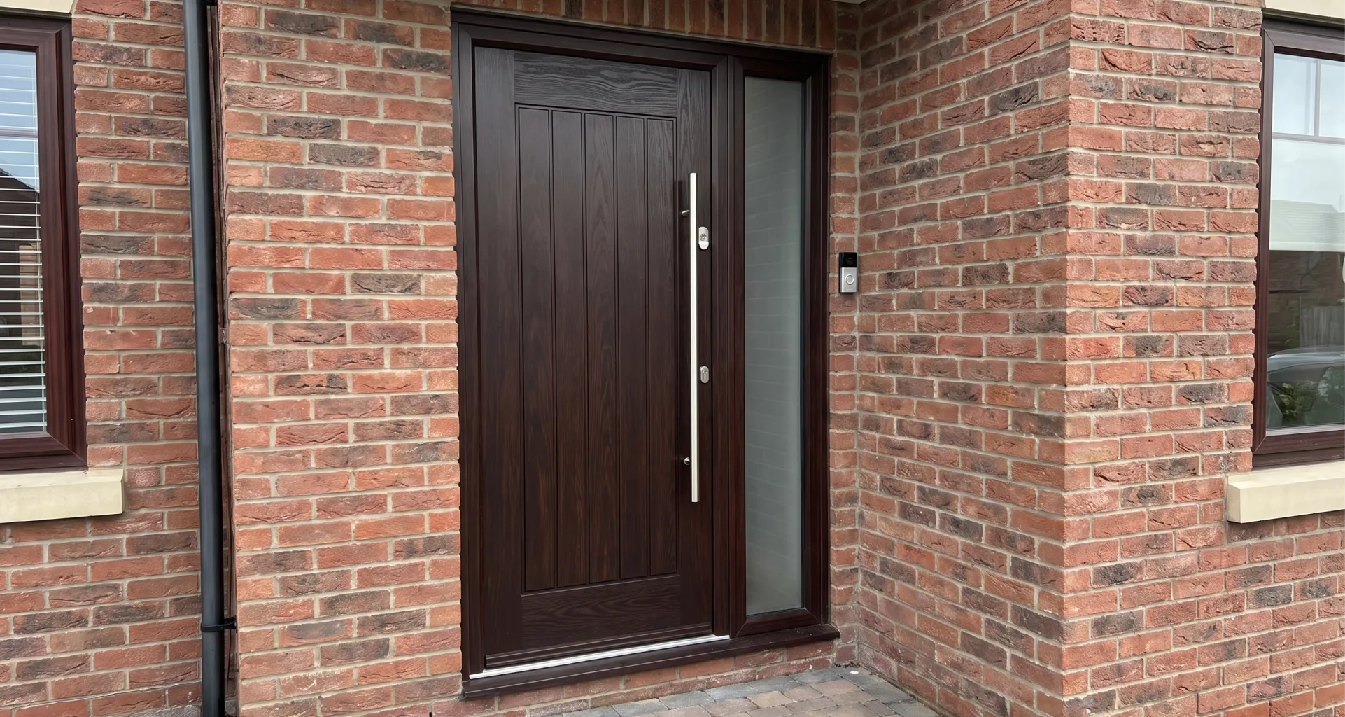 A modern, dark-wood entry door with vertical panels