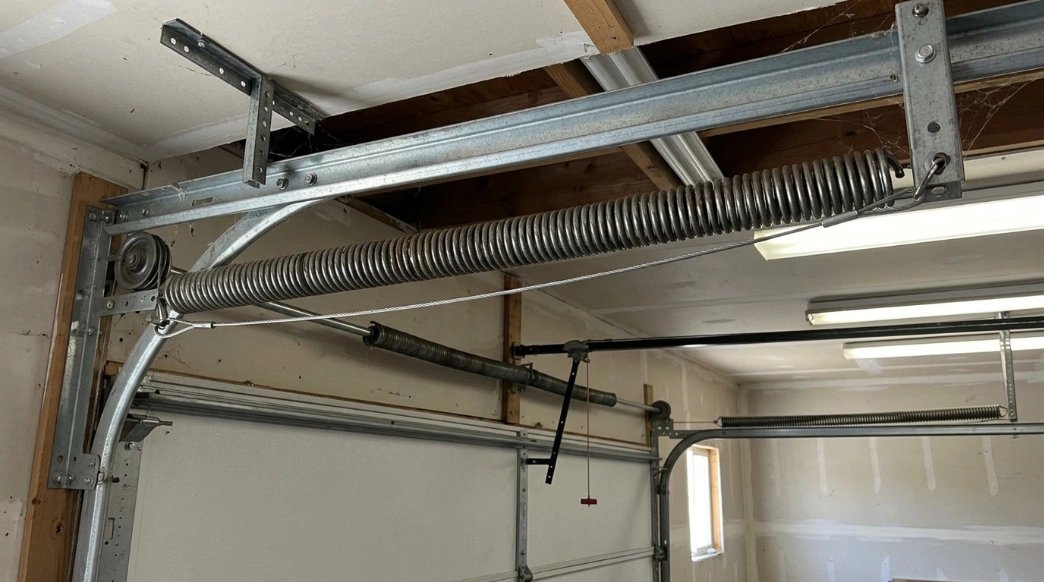 Extension springs along a garage door horizontal track with safety cables