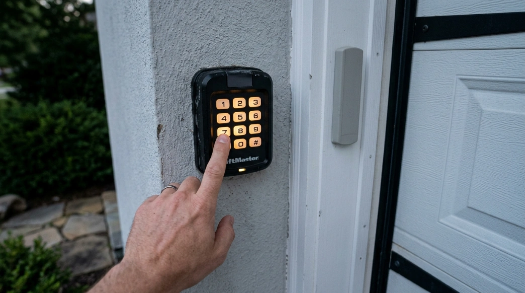 Exterior wireless keypad mounted beside a residential garage door