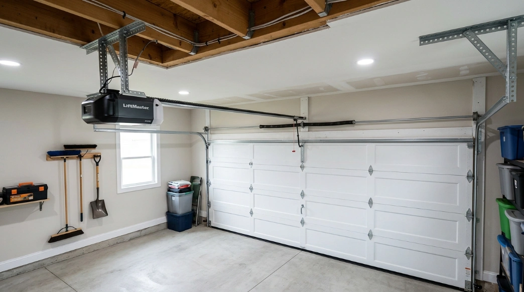 Newly mounted garage door opener on ceiling brackets with the rail run to the header