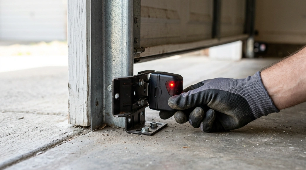Photo-eye safety sensor mounted at the base of a garage door track being aligned