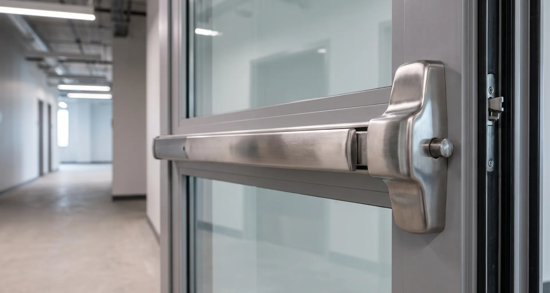 A stainless steel push-style panic bar mechanism