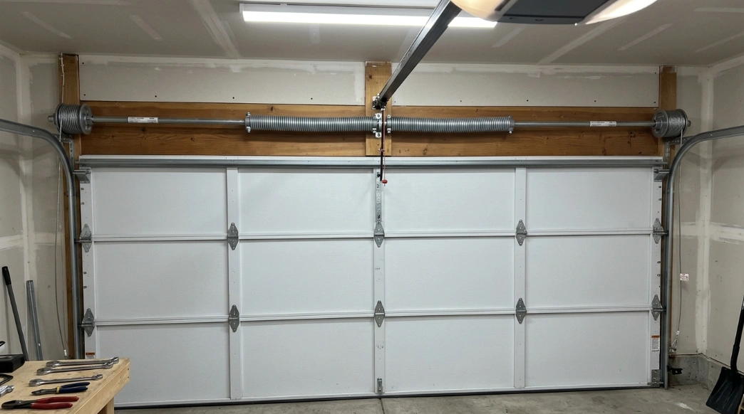 Pair of new torsion springs installed on the shaft above a closed garage door