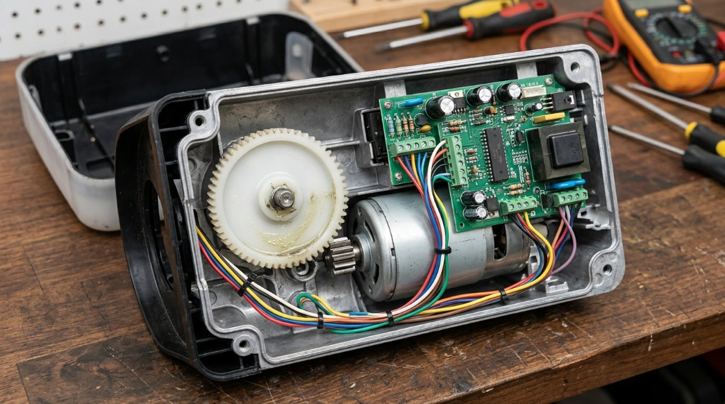 Opened garage door opener housing showing the drive gear and logic board