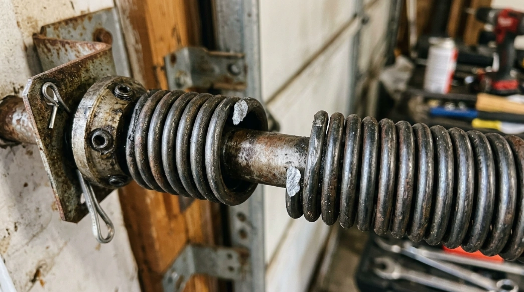 Broken torsion spring with a visible gap in the coil above a garage door