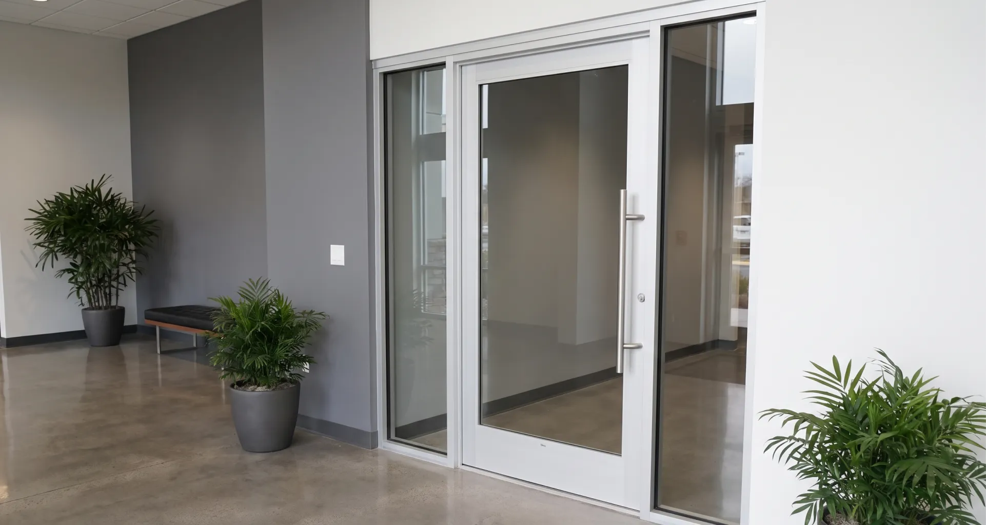 A silver aluminum-framed storefront glass door with a long vertical pull handle