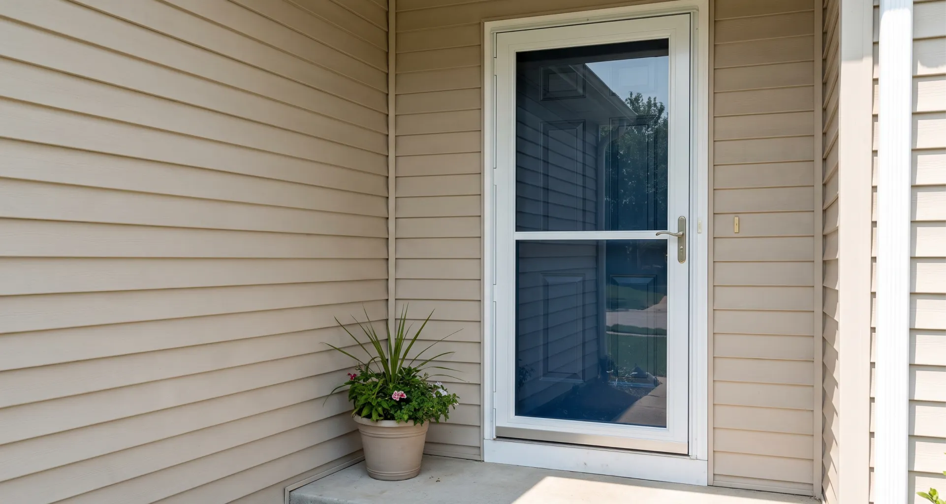 A white-framed storm door with a lower solid white kick panel