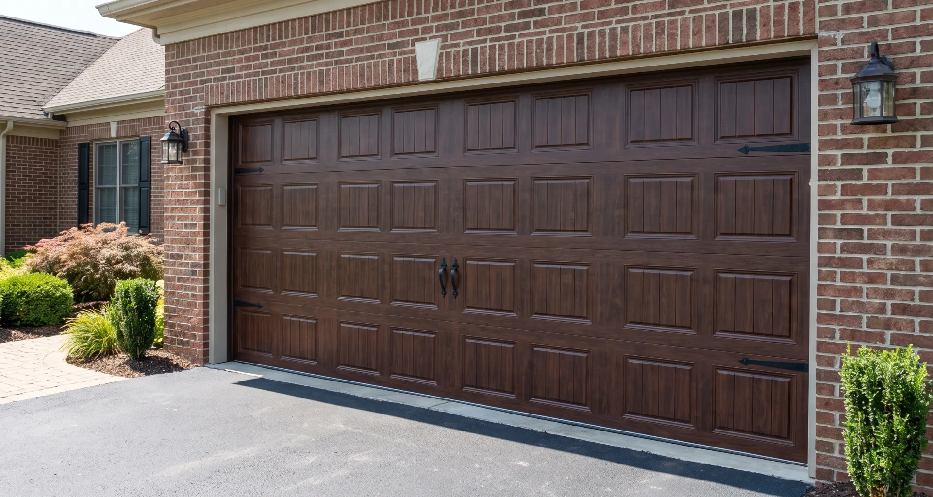 A dark wood-style garage door with traditional black decorative hinges and handles