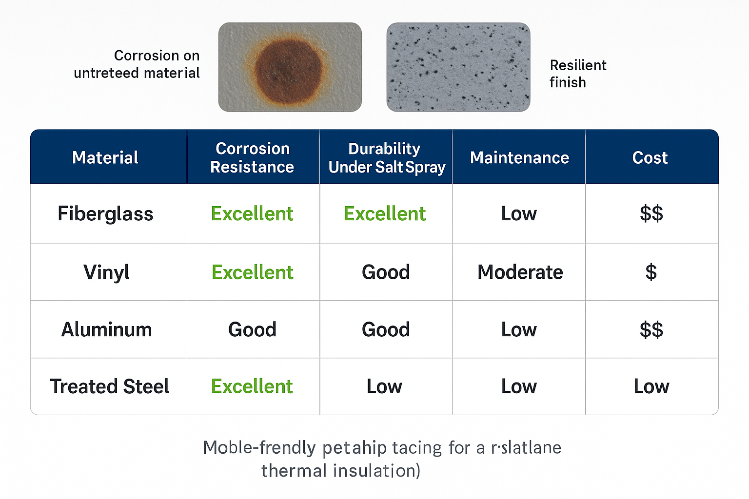 A comparison chart of coastal automatic door materials showing ratings for fiberglass, vinyl, aluminum, and treated steel based on durability, cost, and maintenance.