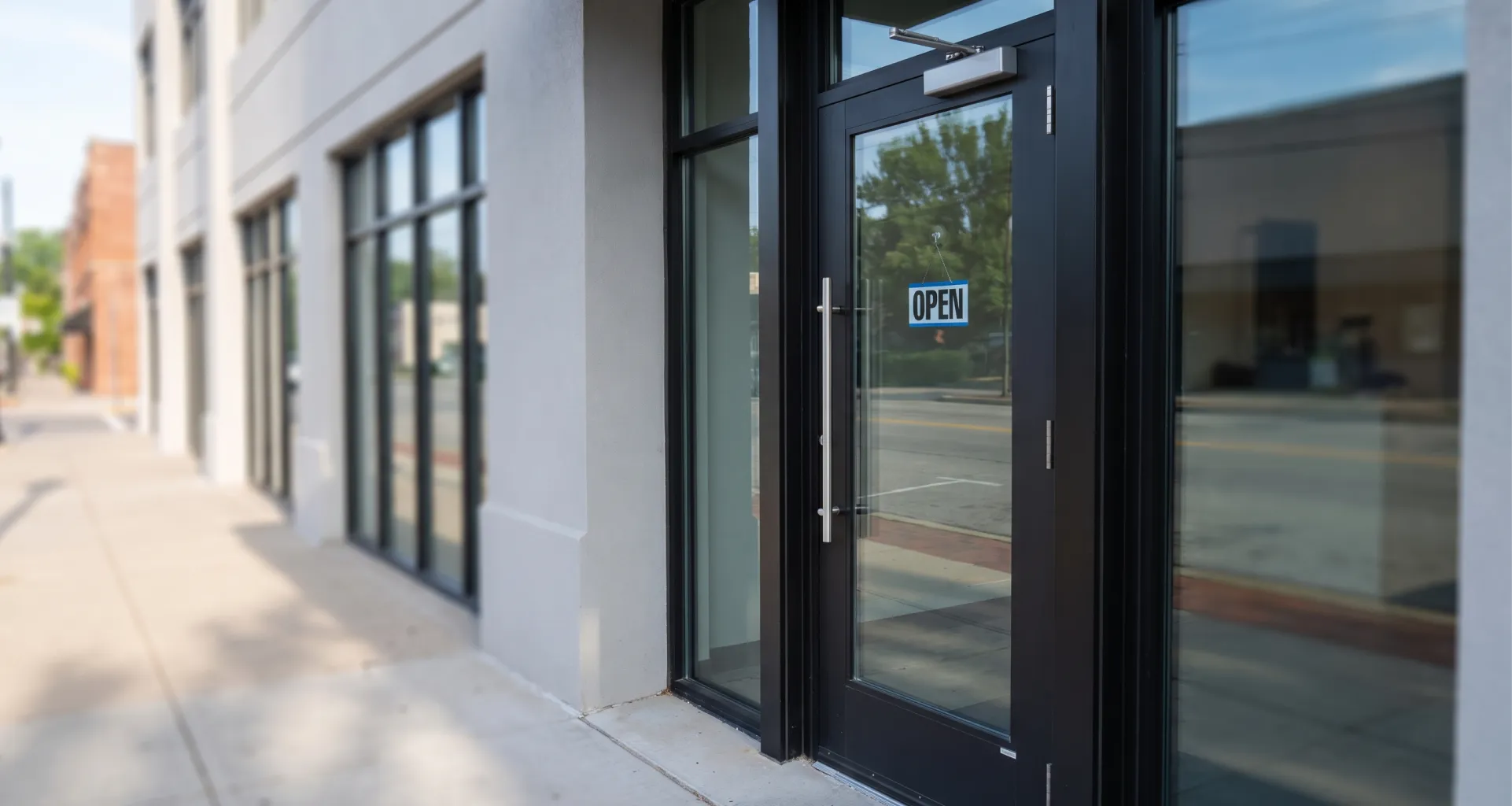 Plywood board-up panel securing a broken glass commercial entrance