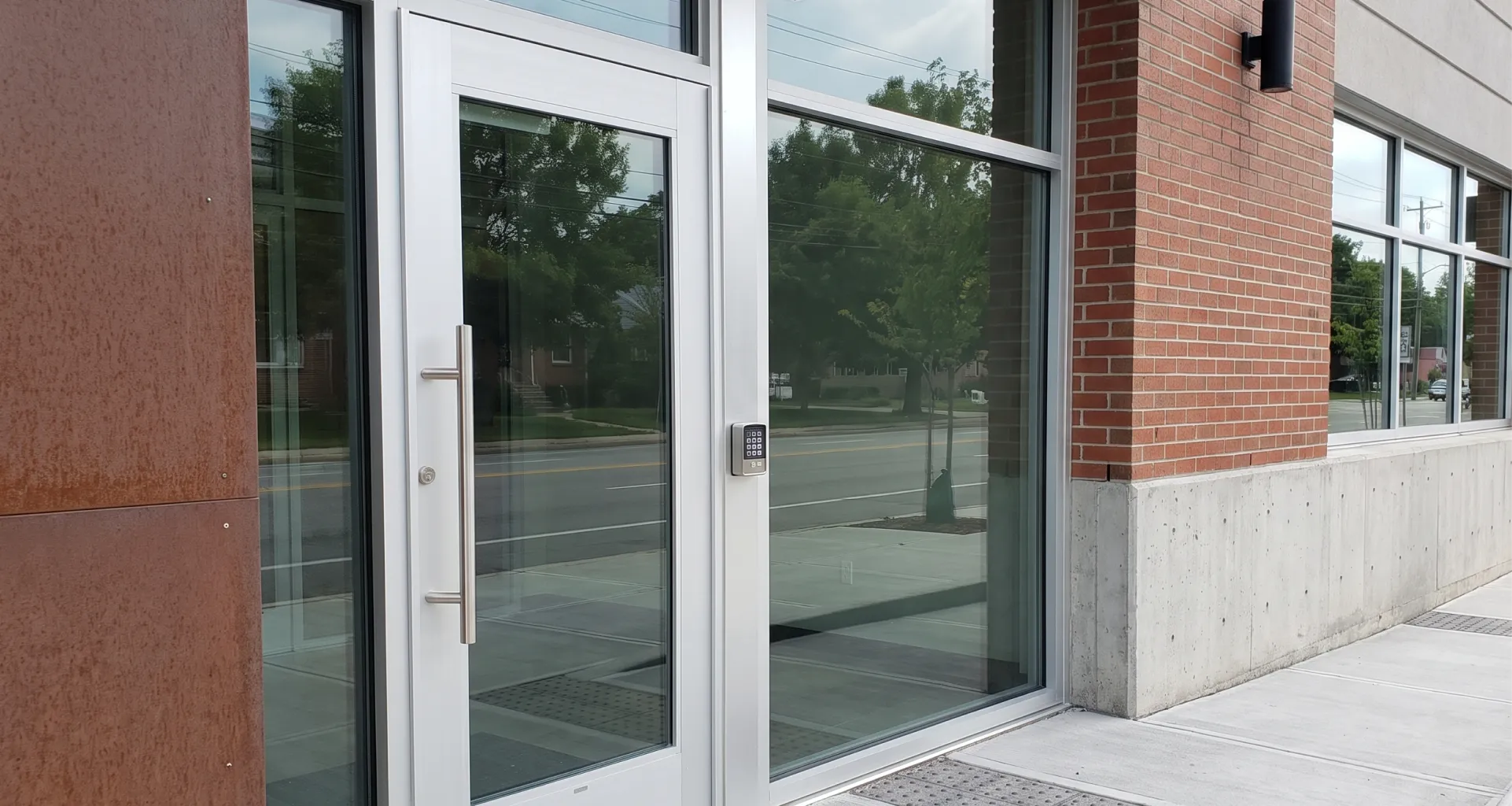 Kicked-in commercial door with a shattered jamb and damaged lock