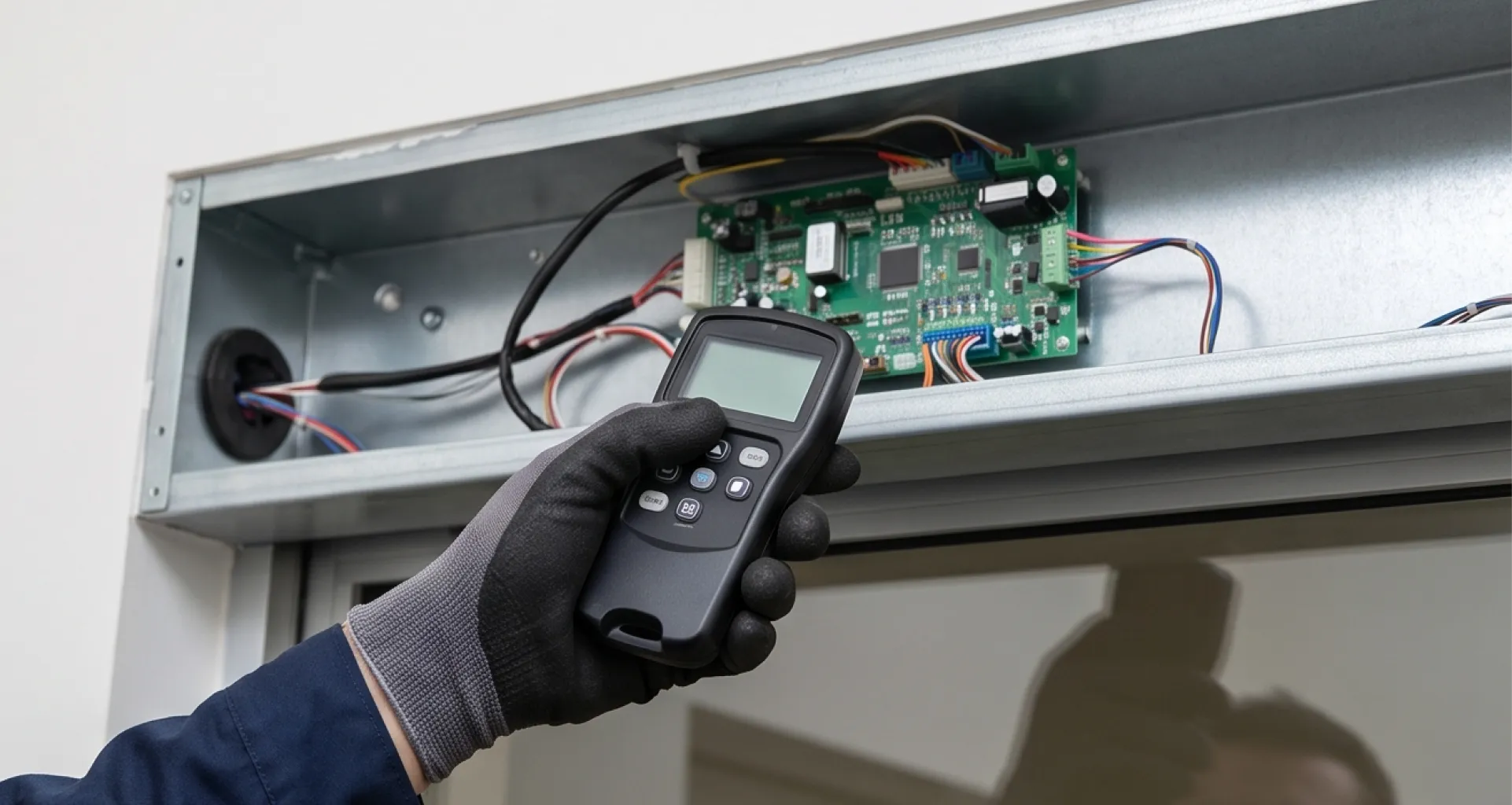 Handheld programmer set against an automatic sliding door controller board