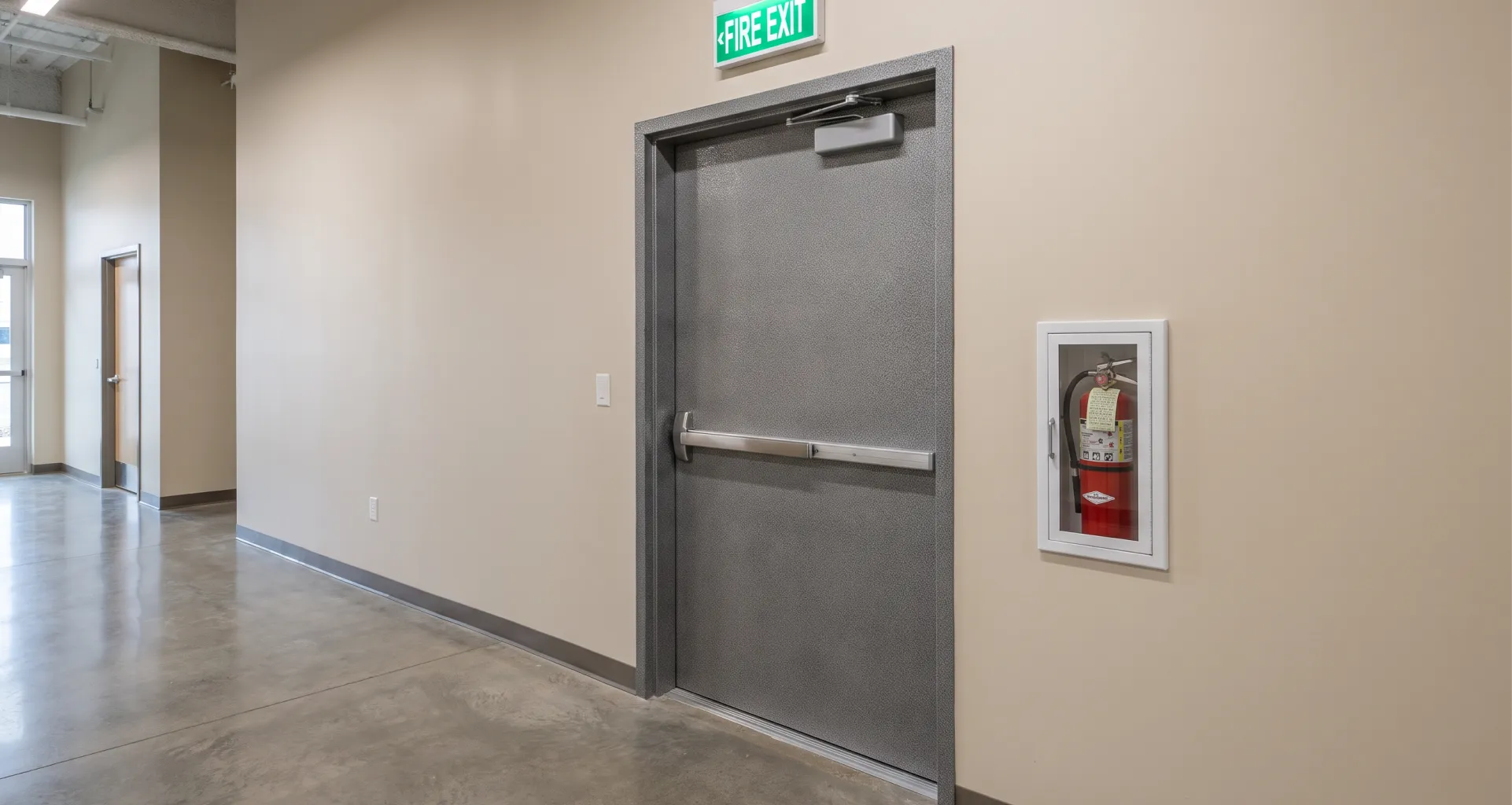 Fire-rated door pair closed and latched with an inspection tag on the frame