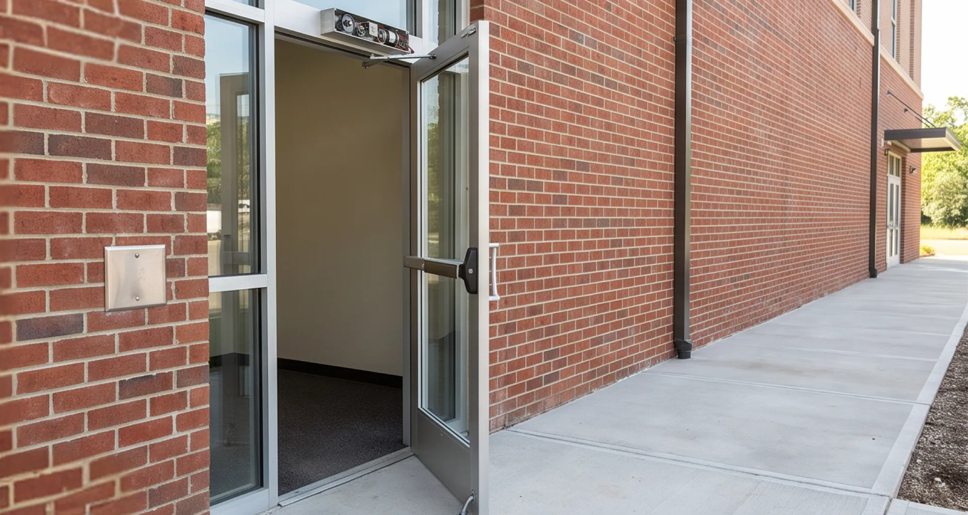 Completed accessible entrance with the swing door held open by its operator