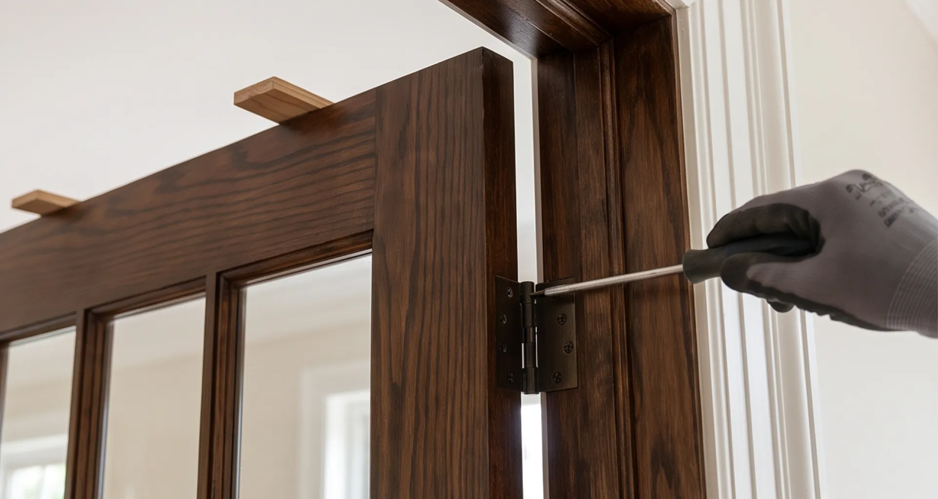 French door leaf being hung on its hinges with shims at the head