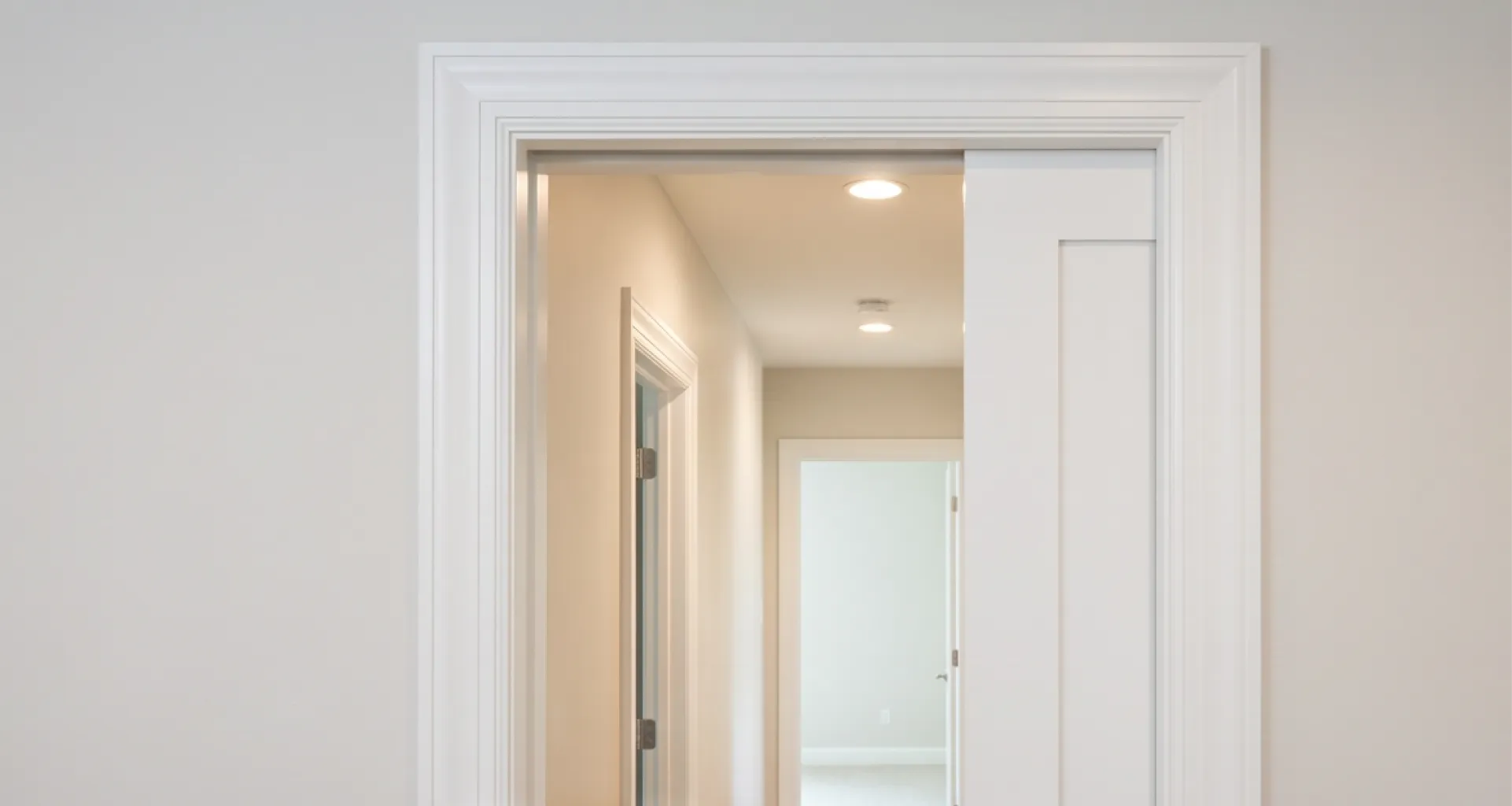 Completed pocket door slid fully into the wall with finished casing