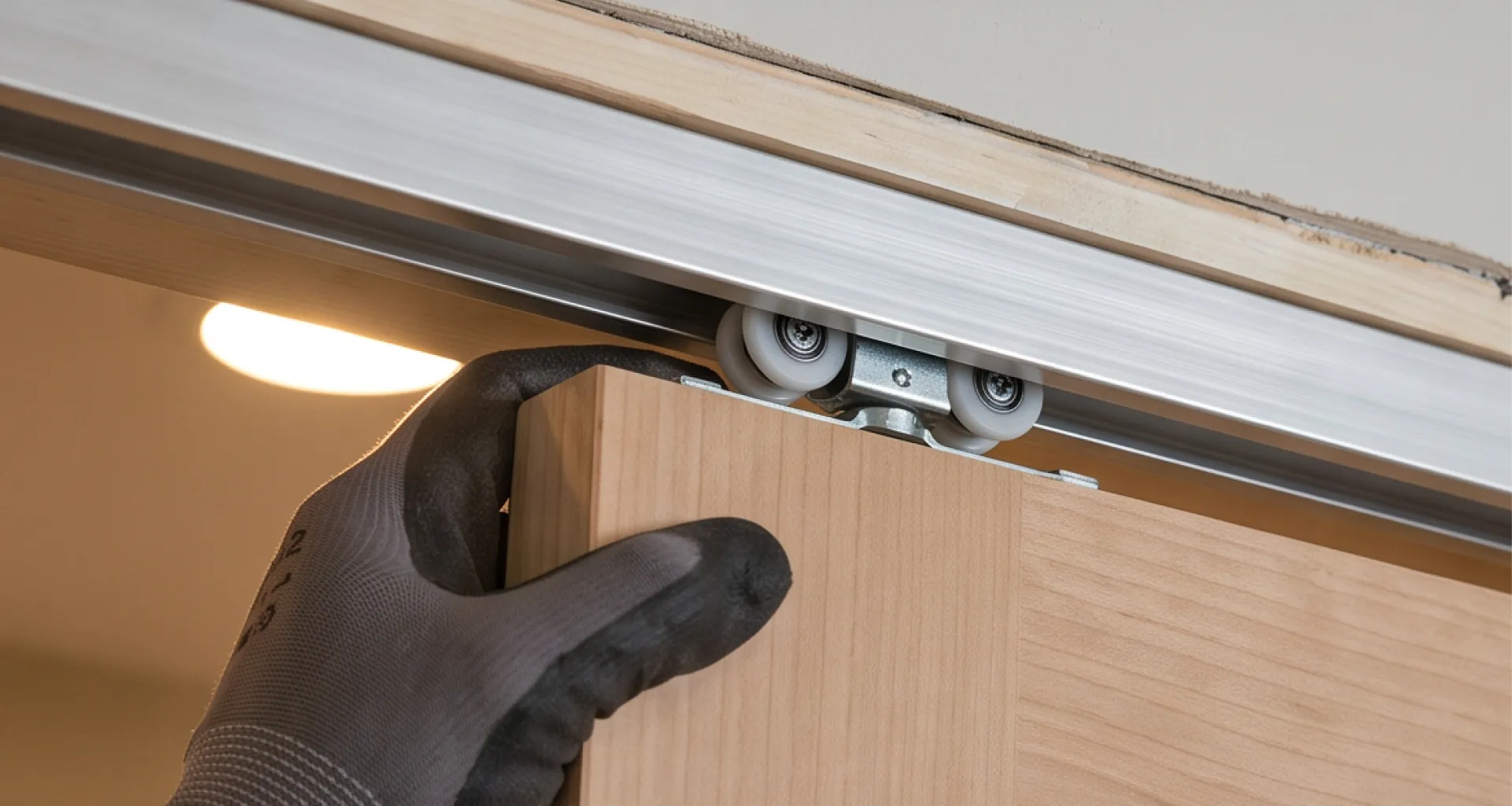 Top-hung roller carriage running in a pocket door header track