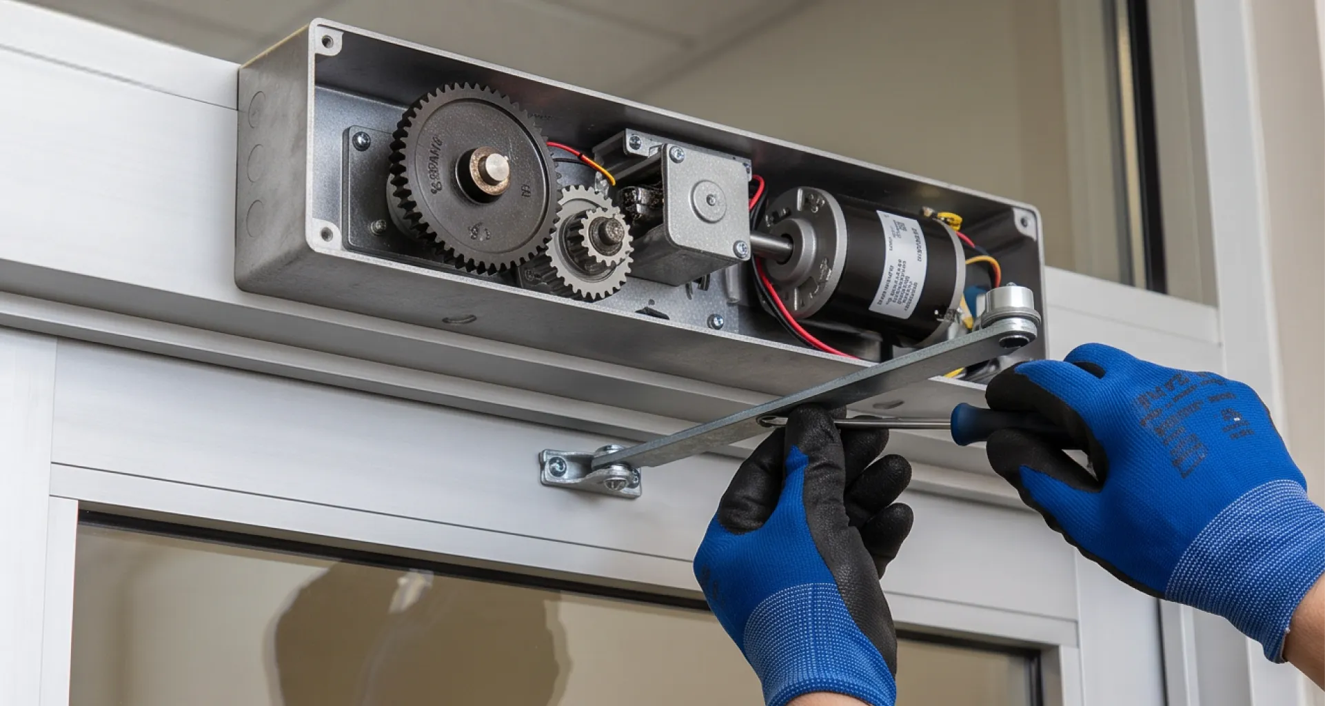 Low-energy swing door operator mounted above a door frame with the cover removed
