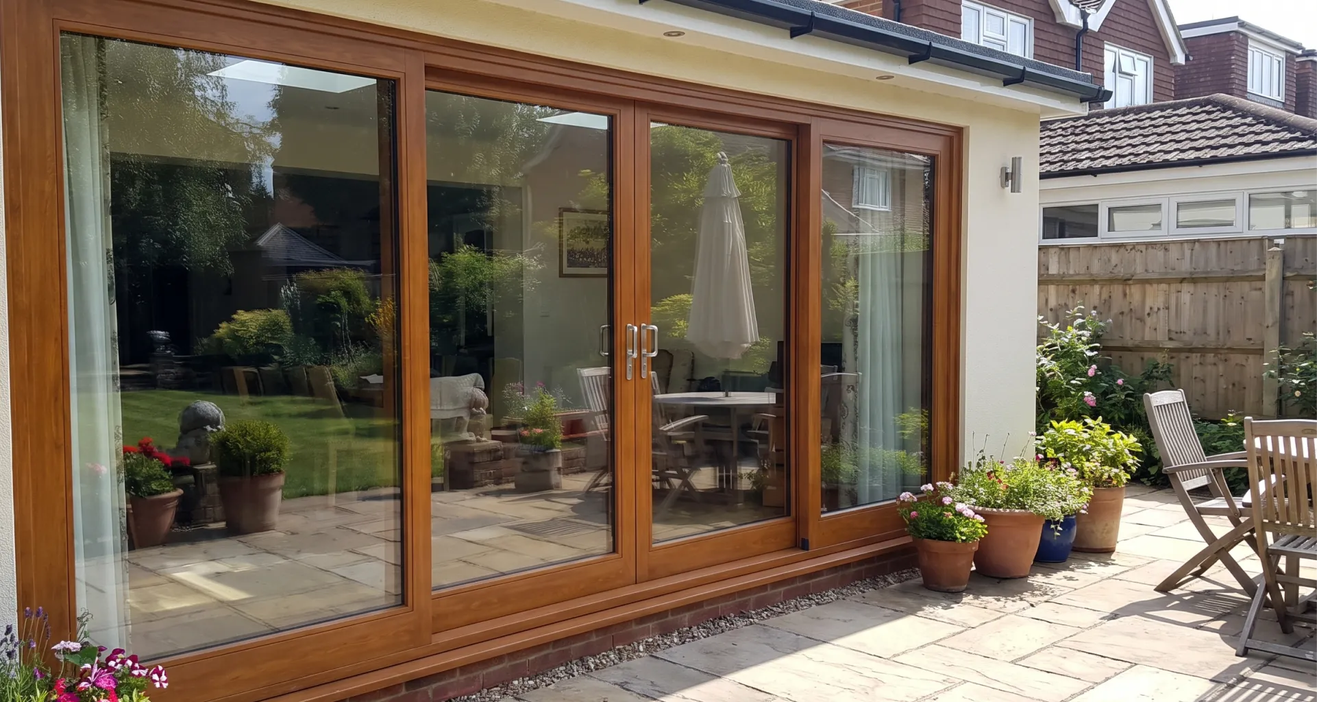 Black-framed sliding patio door installed in a family living room opening onto a deck