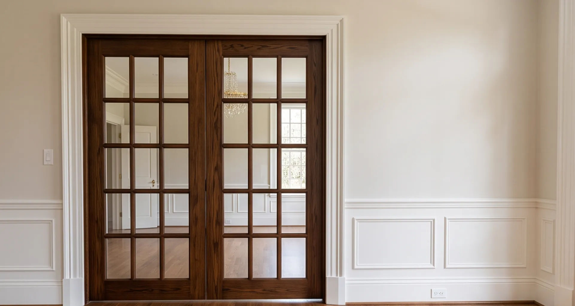 Dark-stained interior French doors with glass panes between two rooms