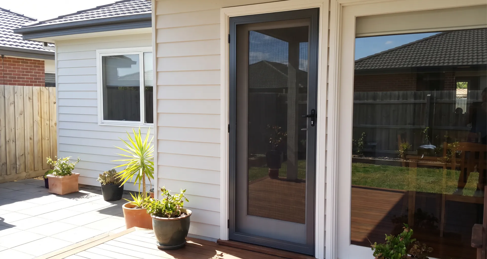 Retractable screen door partially extended from its side cassette