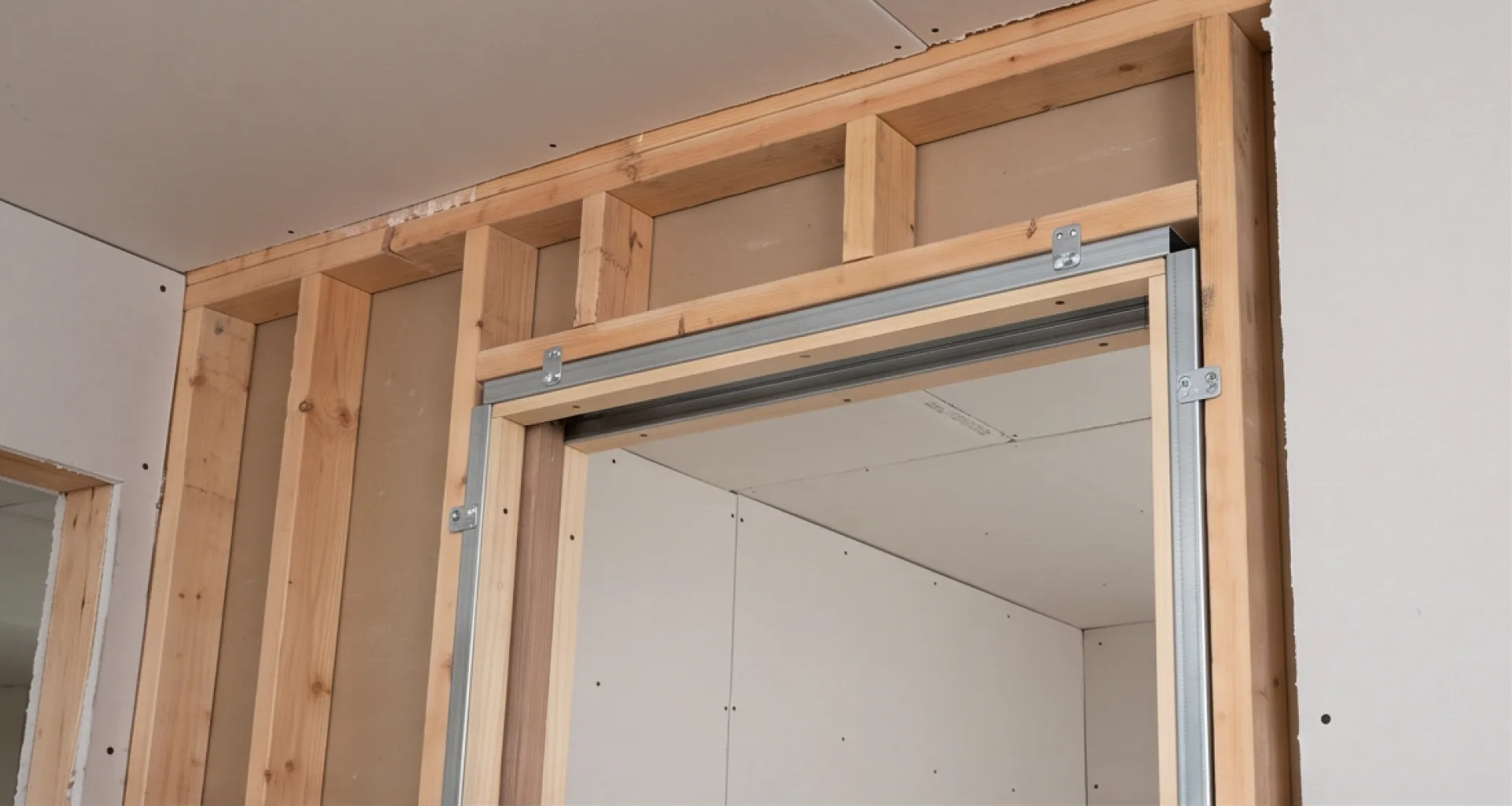 Pocket door frame kit and header track installed inside an open stud wall