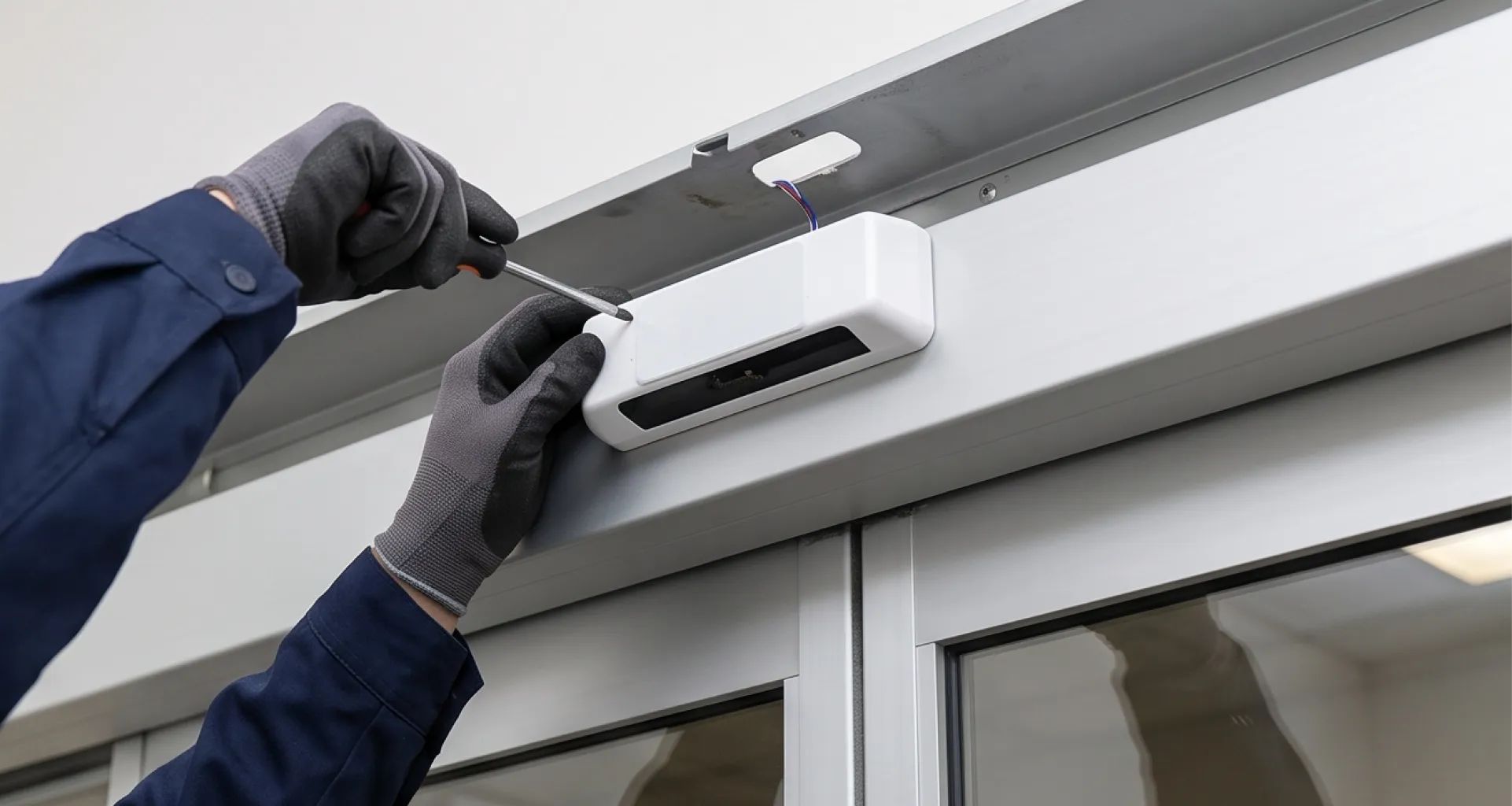 Technician installing an overhead motion sensor on an automatic sliding door