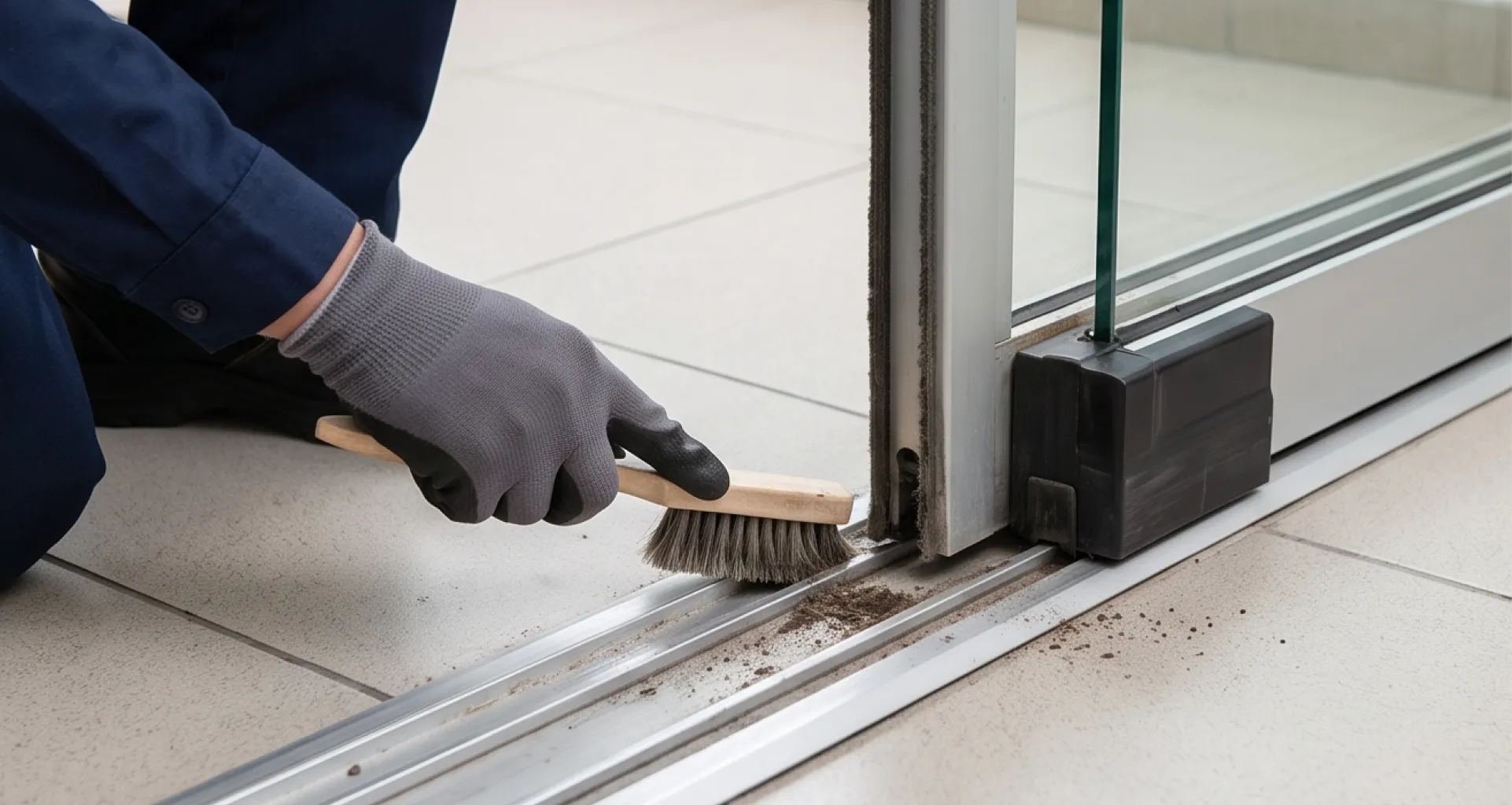 Bottom guide and threshold track of an automatic sliding door being cleaned