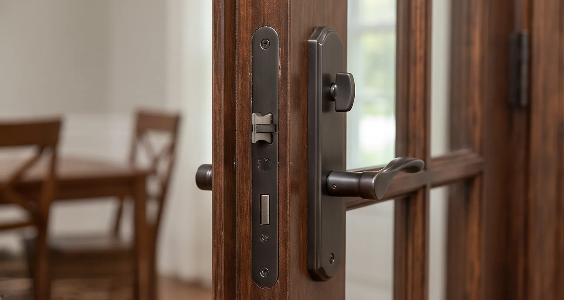 Multipoint lock and handle set on the astragal of a French door