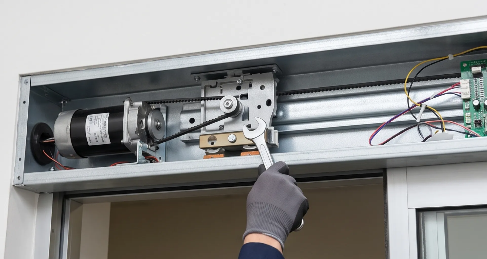 Open automatic sliding door operator showing motor and belt drive